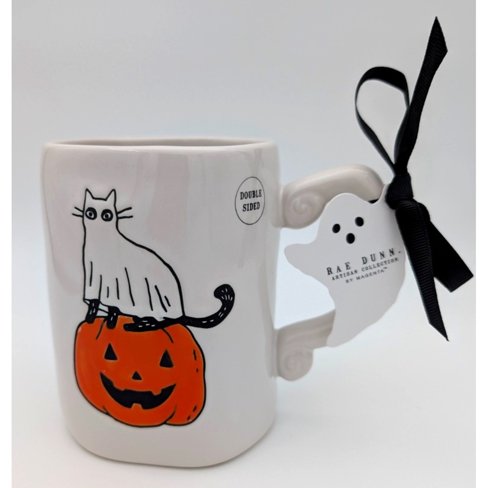 Rae Dunn "FELINE SPOOKY" Halloween Cat Ghost on Pumpkin MUG • NWT